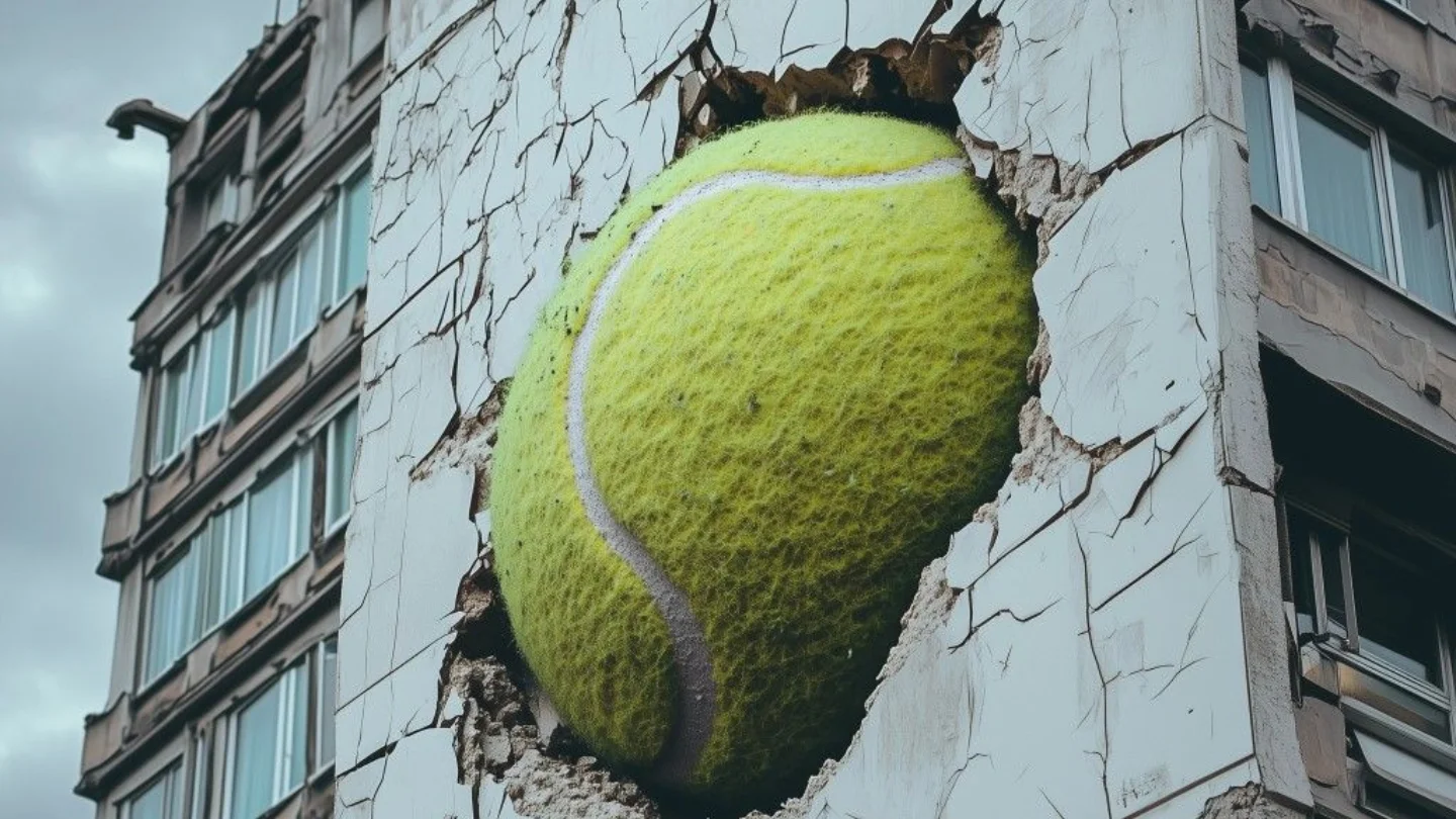Giant tennis ball smashed into the side of a building, representing AI-assisted content production at Growth Yogi