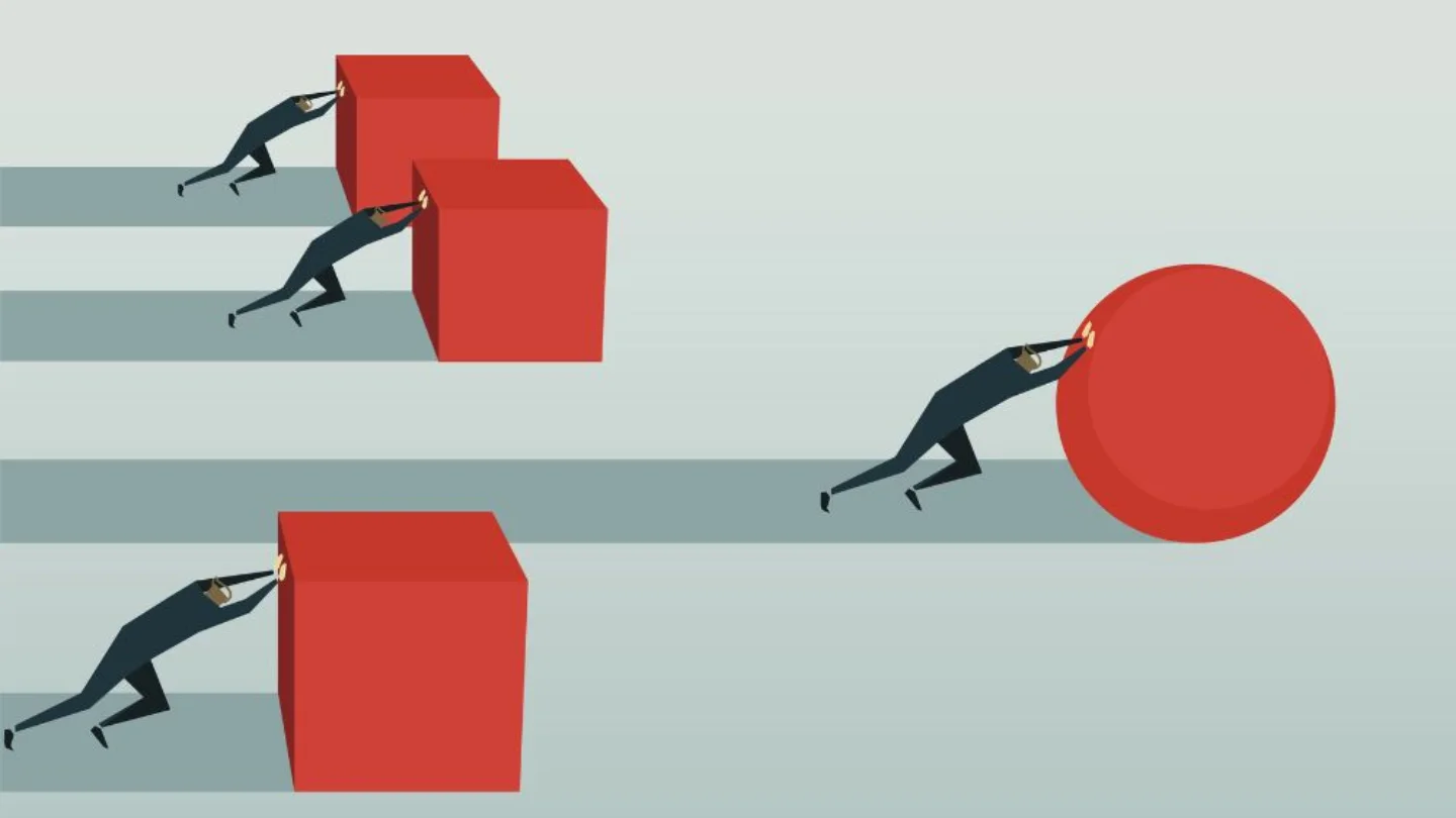 Illustration of teams pushing blocks while one pushes a rolling sphere ahead, representing brand strategy and identity at Growth Yogi