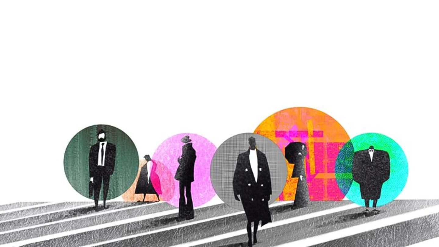 Row of figures against repeating coloured circles, representing creative design systems at Growth Yogi