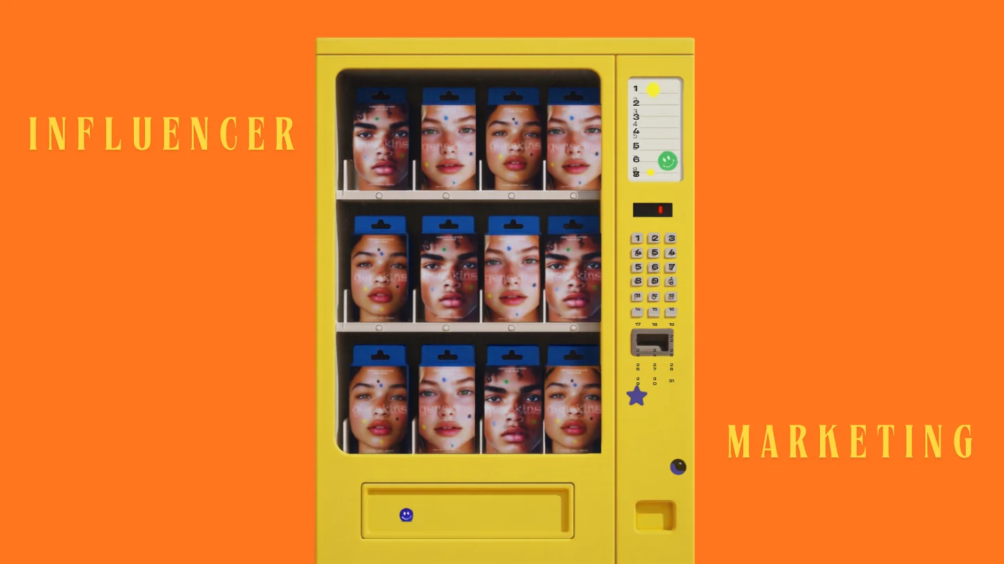 Yellow vending machine stocked with packaged faces on an orange background, representing influencer and celebrity partnerships at Growth Yogi
