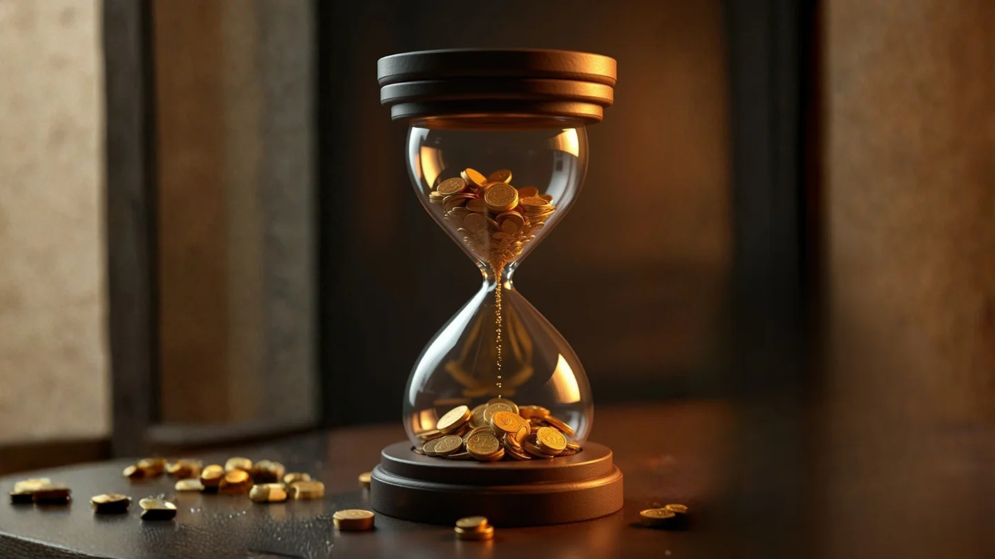 Hourglass filled with gold coins running through, representing lead generation at Growth Yogi