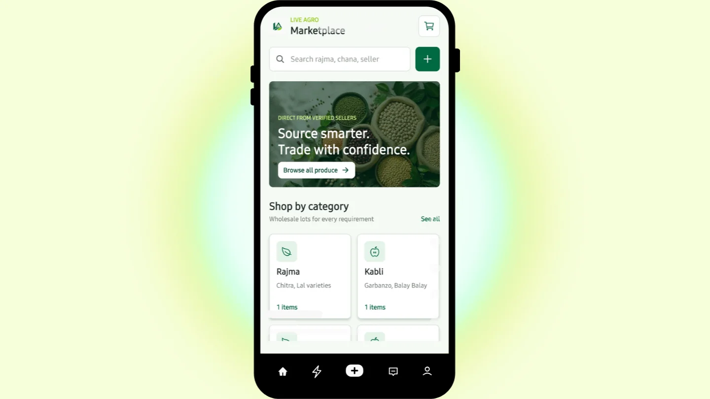 Phone showing an agri marketplace app home screen, representing mobile and web applications at Growth Yogi