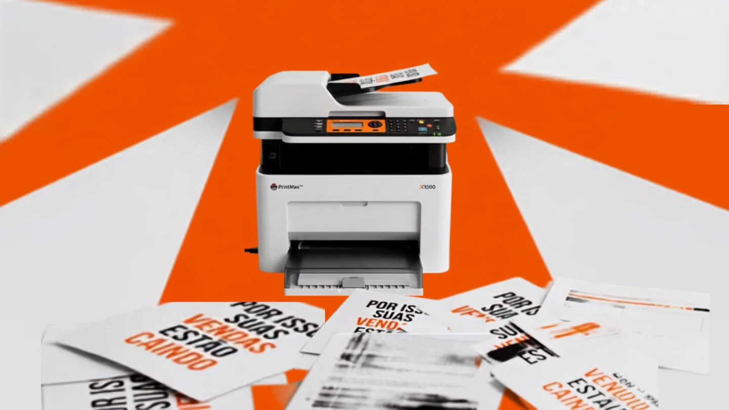 Office printer spilling printed flyers across an orange and white background, representing outdoor, print, radio, TV and cinema at Growth Yogi