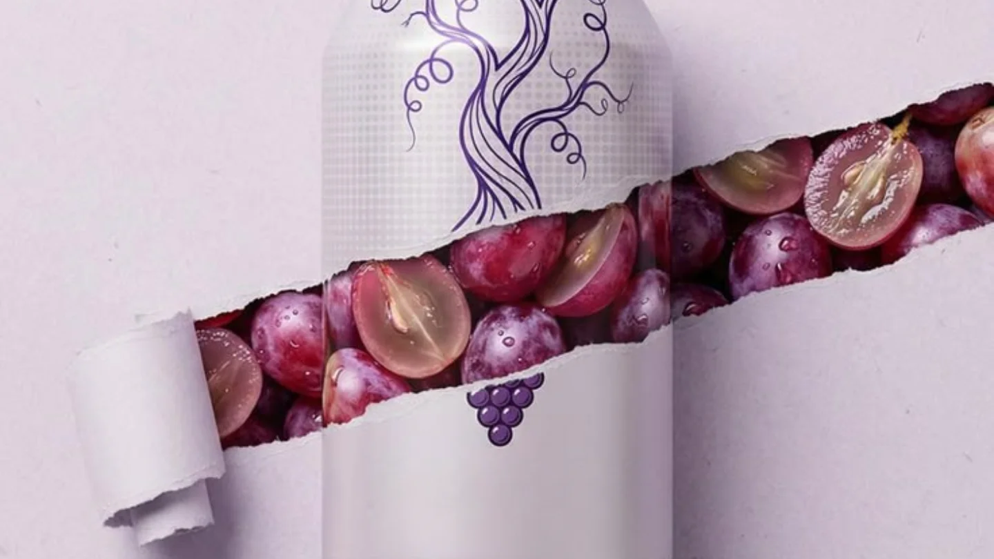 Bottle label torn open to reveal grapes underneath, representing packaging and collateral at Growth Yogi