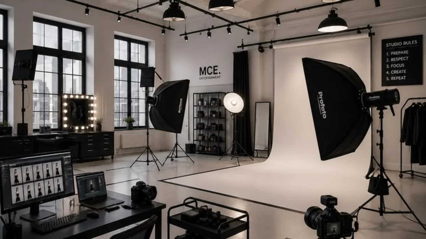 Photo studio with softboxes, cameras and a lit backdrop set up for a shoot, representing photography and video production at Growth Yogi
