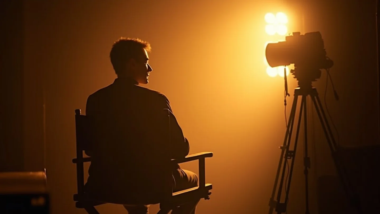 Interview subject seated in front of a camera and warm key light, representing podcasts and corporate films at Growth Yogi