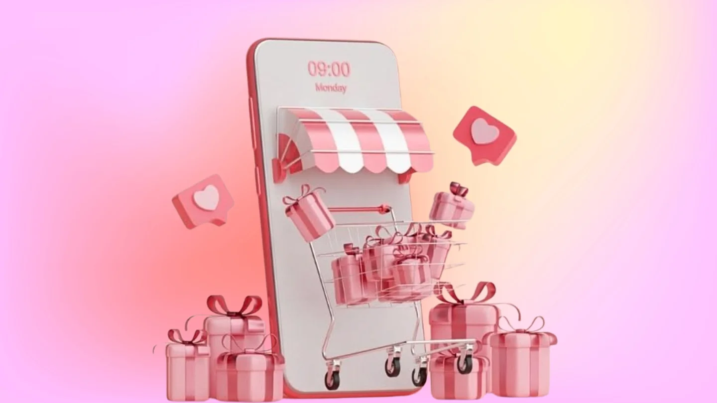 Phone storefront surrounded by gift boxes and like icons, representing social media and content at Growth Yogi