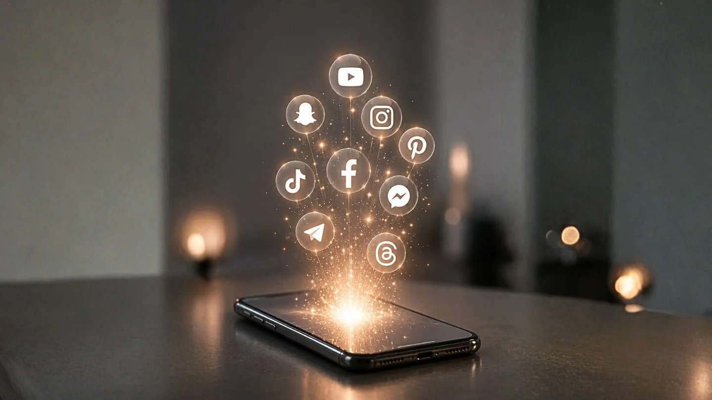 Phone on a desk with social app icons rising from the screen, representing social media marketing at Growth Yogi