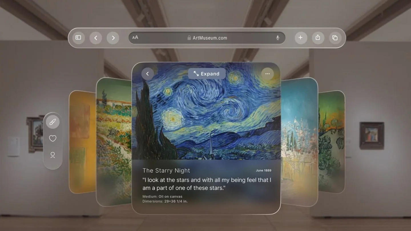 Floating browser interface for an art museum site with a card detail panel, representing UX and UI design at Growth Yogi